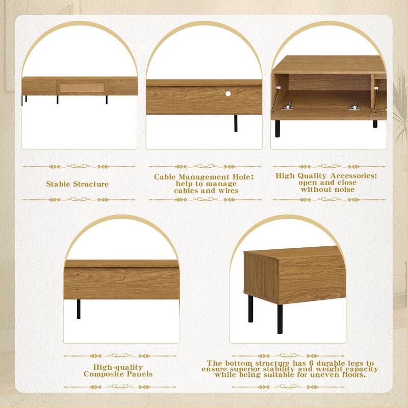 Boho Rattan TV Stand Entertainment Center for TVs up to 80", Wooden TV Cabinet Media Console with 3 Pull-down Drawers