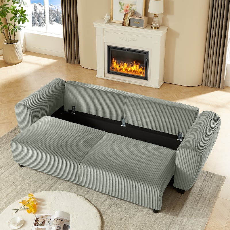 92.1"Corduroy 3-Seater Sofa with 2-in-1 Convertible Design, Built-In Storage Compartments