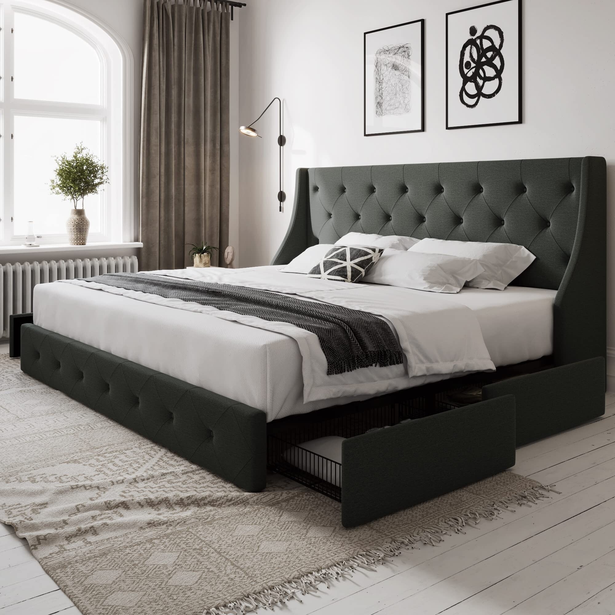０３９６ページ King Size Bed Frame with 4 Storage Drawers and Wingback