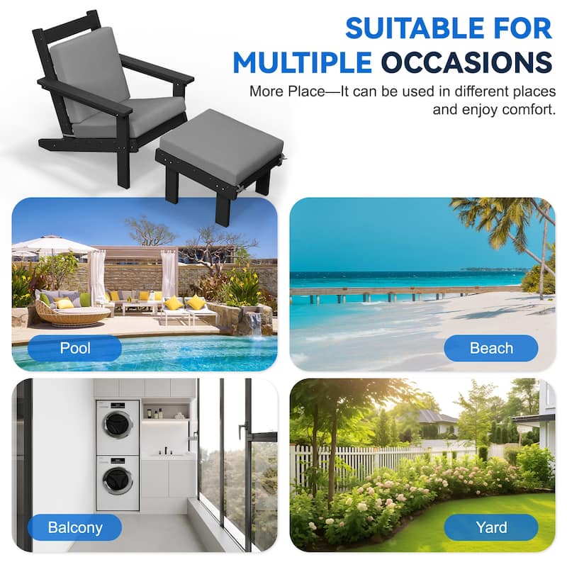 Outdoor Patio HDPE Chair Set with a Movable Ottoman & Removable Cushions
