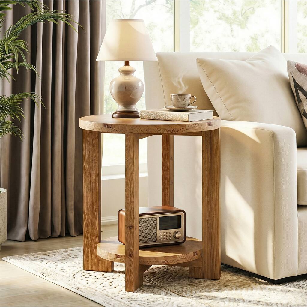 2-Tier Solid Wood End Table, Accent Round Side Table with Storage Shelf