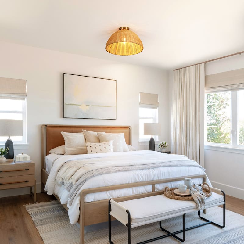 16.5" W Boho Coastal Brown Handwoven Rattan Dome Flush Mount Ceilig Light for Kitchen, Hallways