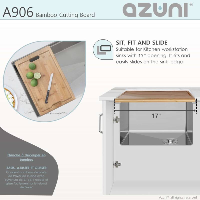 AZUNI 17-Inch Bamboo Cutting  Board for Kitchen Sink - 16.75" x 11"
