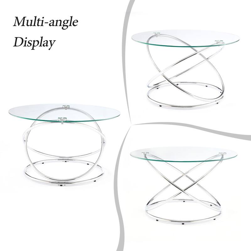 Tempered Glass Top Round Coffee Table with Metal Base - 31.5"Dia Top x 17.7"H x 23.6"Dia Base