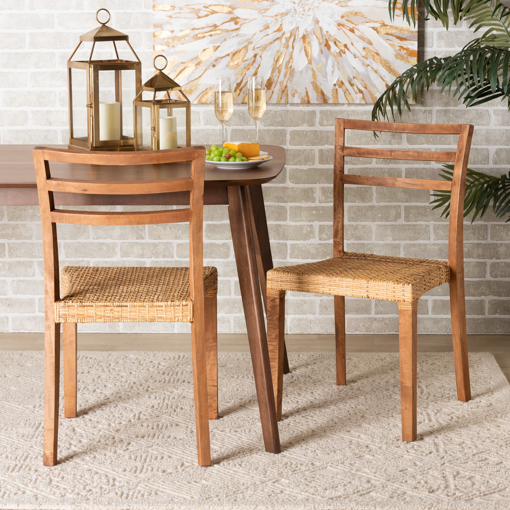 Arthur Mid-Century Mahogany Wood/ Natural Rattan Dining Chair Set(2PC)