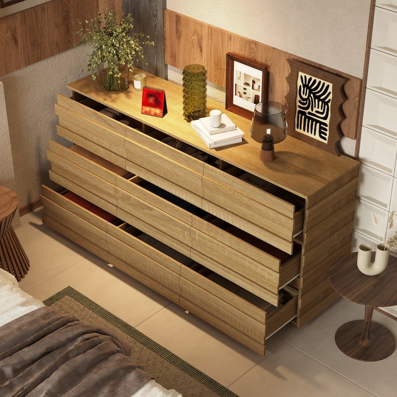 9 - Drawer Dresser Storage Cabinet: Light Wood Finish with a Modern Linear Design for Ample Storage