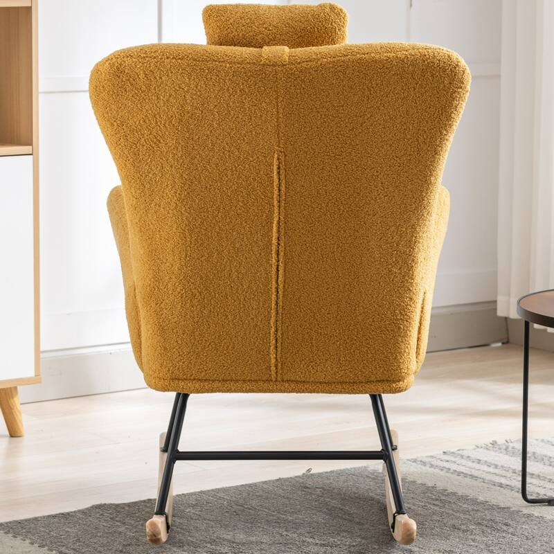 Teddy Fabric Wingback Rocking Chair for Nursery with Safe Solid Wood Base