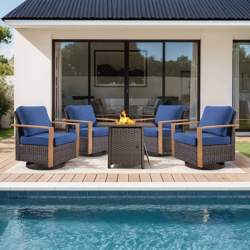 Meyreso 5-Piece Wicker Swivel Glider Fire Pit Set with Plush 4.5" Olefin Cushions