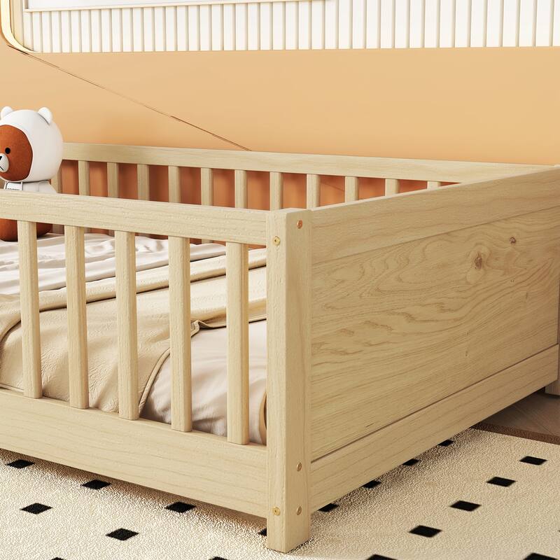 GDFStudio - Kensington Twin Floor Platform Bed with Built-in Book Storage Rack and Guardrails