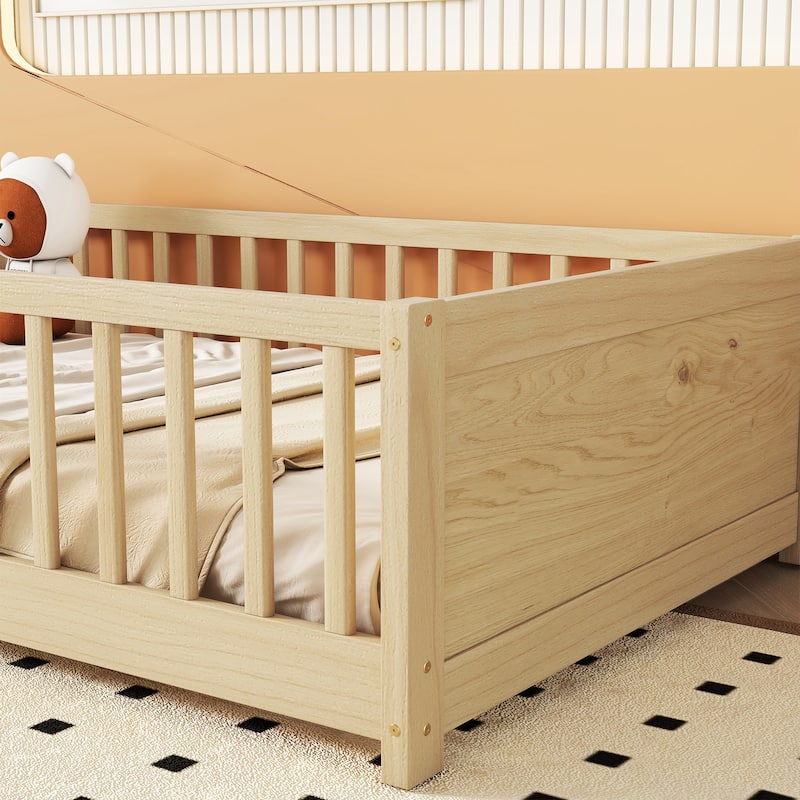 Natural Twin Size Pine Wood Floor Platform Bed with Storage Rack