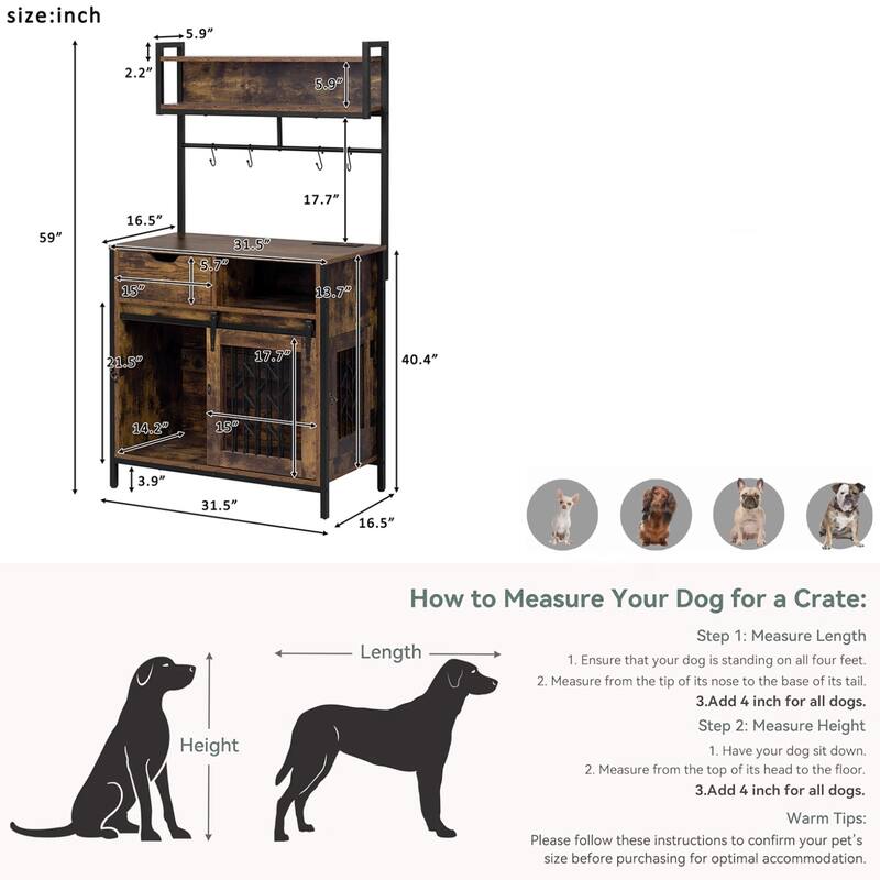 2-in-1 Rustic Dog Crate Side Cabinet Hutch, Dog Kennel Furniture with Storage, Drawers & Cupboard for Small Dogs up to 40 lbs