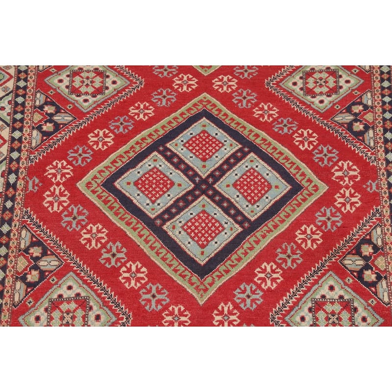 Geometric Kazak Area Rug Hand-Knotted Oriental Wool Carpet - 4'10" x 6'6"