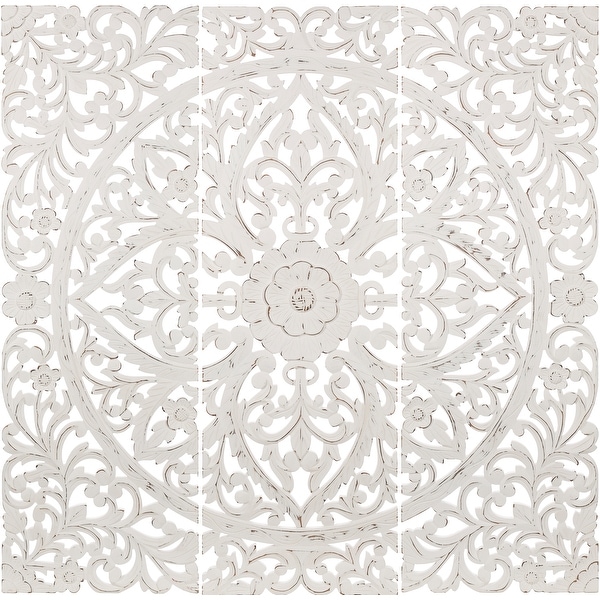 Luzie Floral Hand Carved Antique White Wooden 48x48-inch 3-Panel Wall Art. Opens flyout.