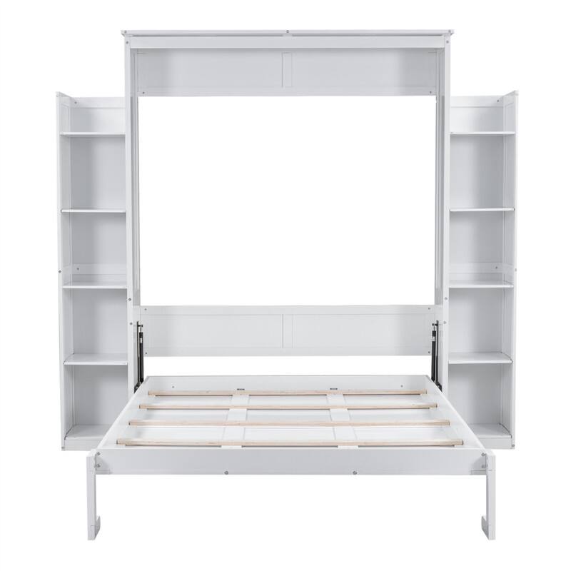 Solid Wood Murphy Wall Bed w/ LED Lights & Open Storage Shelves, Full/Queen Size Folding Murphy Cabinet Bed, Space Saving Design