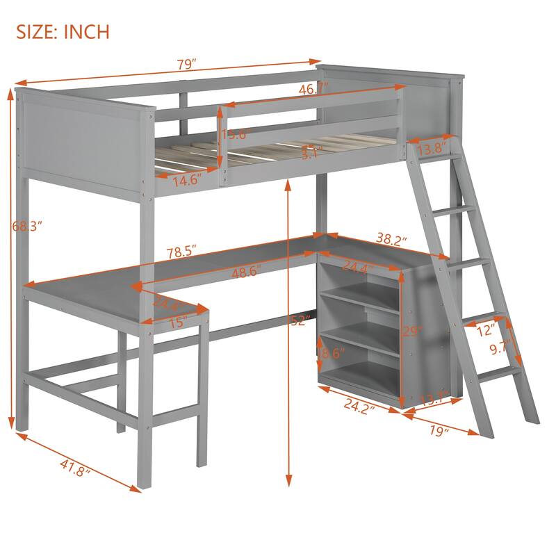 Twin Size Loft Bed with Shelves and Desk, Wooden Frame with Sturdy Ladder and Guardrails