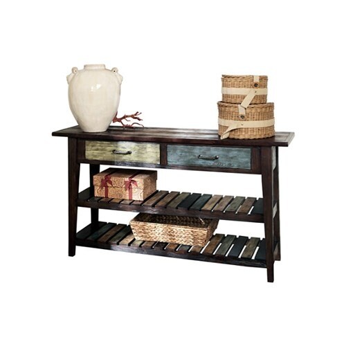 Ashley T580-4 Mestler Rustic Brown Sofa Tablew/ Multicolor Bottom Slats & Drawer Fronts