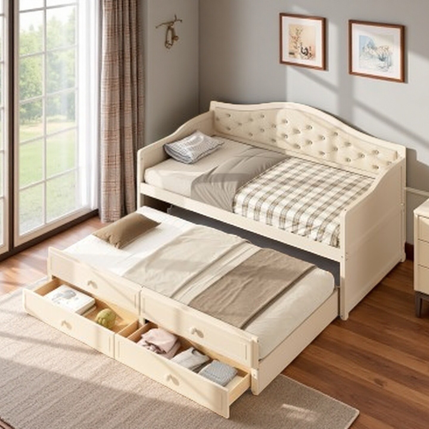 Twin Size Upholstered Daybed with Trundle and 2 Storage Drawers, Button-Tufted Backrest Sofa Bed