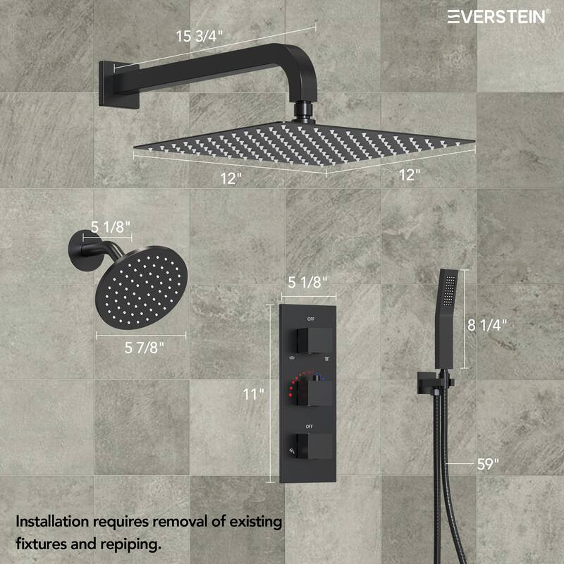 Thermostatic Shower System 12" Dual Heads Shower Faucet with High Pressure Handheld Spray