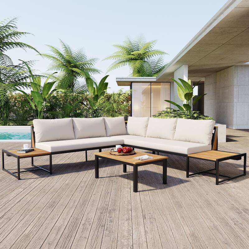 Outdoor 4-Piece Iron Sectional Sofa Set with Coffee Table & Storage Shelf - Beige