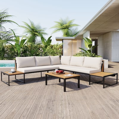 4 Pieces Outdoor Patio Sofa Set w/ Waterproof Cushions & Durable Iron-Wood Design for Garden Backyard Poolside, Beige