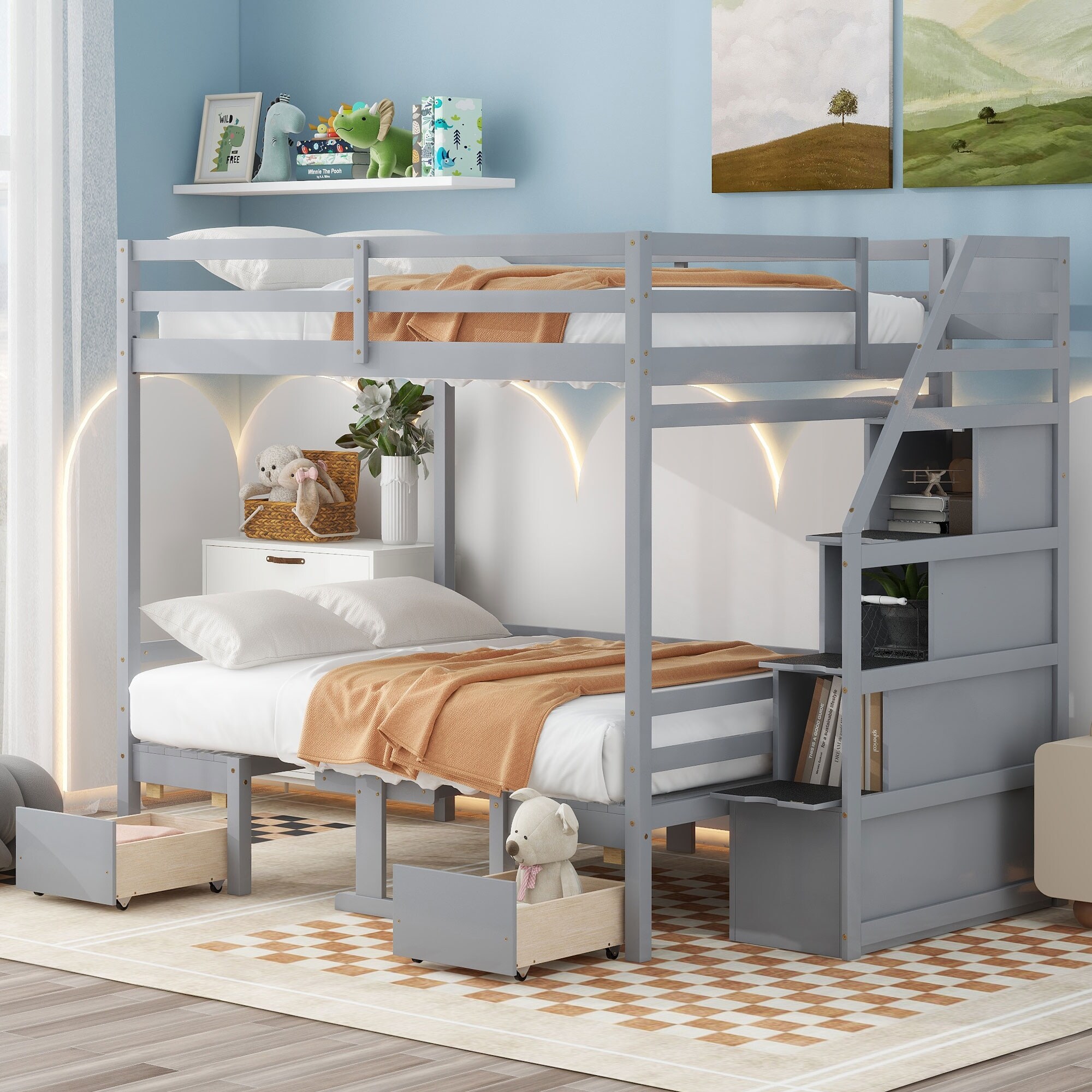 Full Over Full Loft Bed with Stairs Desk Stairway Bunk Bed Frame The Bottom Bed can be Convertible to Seats Table Set Grey Bed Bath Beyond 39817626