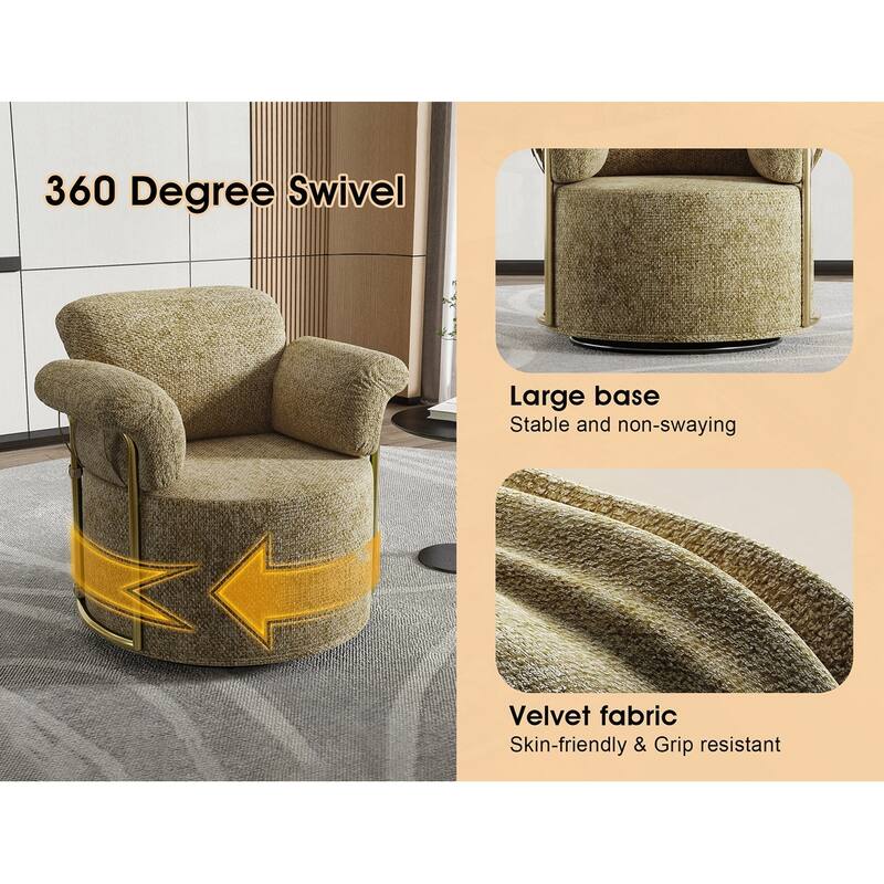 360 Degree Barrel Swivel Fluffy Fabric Lounge Wide Upholstered Reading Chair with Gold Metal Legs