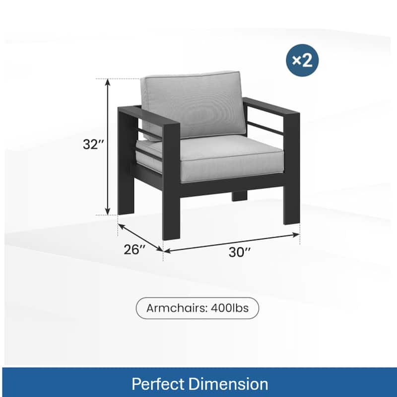 Set of 2 28" Metal Patio Armchairs with Thick Light Gray Cushions Black Frame