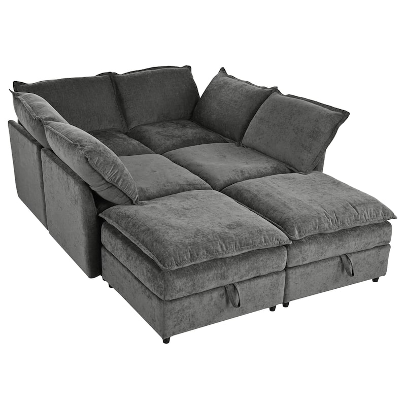 6-Piece Modular Sofa Bed 126" with Under-Seat Storage, Faux Cushions
