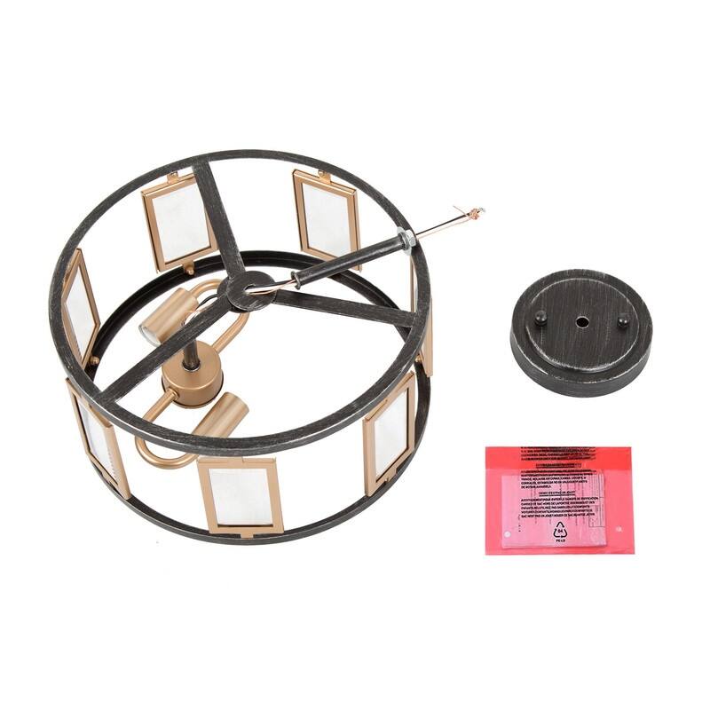 Zeci Mid-century Modern Metal Drum Semi Flush Mount Black Gold Geometric Glass Ceiling Light for Foyer