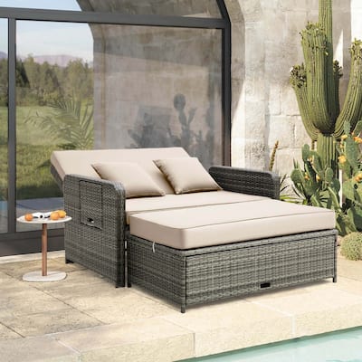 Patio Rattan Daybed Set Wicker Loveseat Sofa w/ Ottoman Side Tray