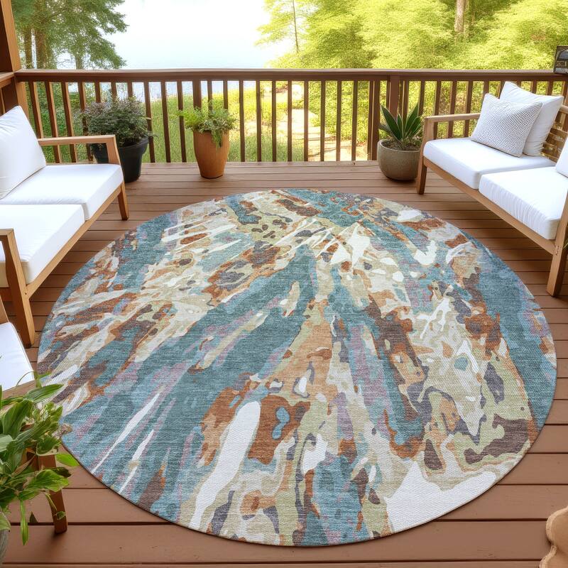 Machine Washable Indoor/ Outdoor Brushstrokes Chantille Rug - Teal - 8' x 8'