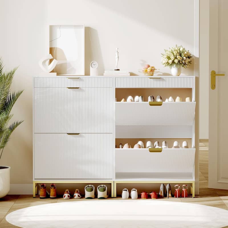 Slim Shoe Cabinet with 2 Flip Drawers & Top Drawer