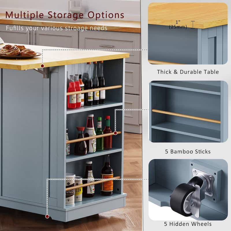 53″ Kitchen Island Cart with Power Outlet and Two Bar Stools