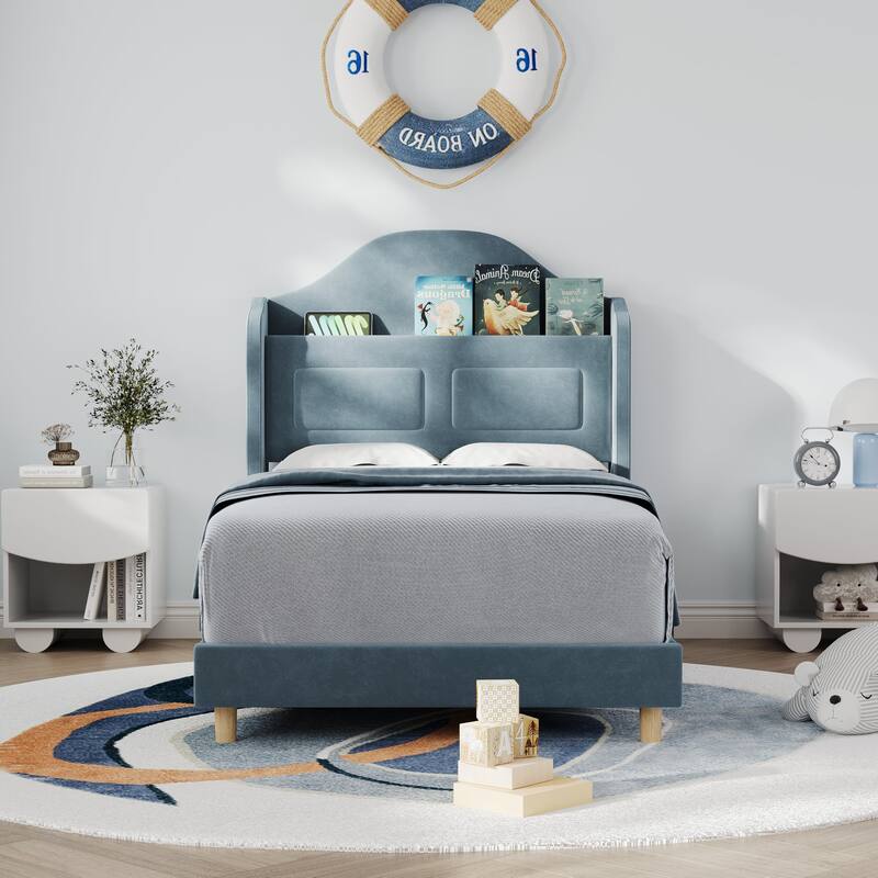 Upholstered Twin Bed Frame, with Wing Back Storage Headboard and Led Lights - Blue