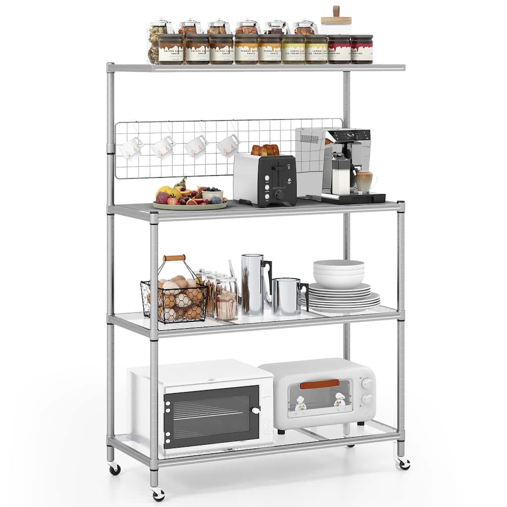 Gymax 4-Tier Coffee Bar Table w/Adjustable Shelves S Hooks Hanging Net