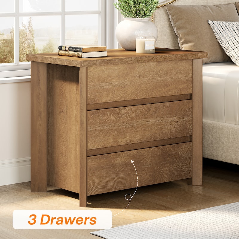Wood Nightstand with 3 Drawers, Farmhouse Large Bedside Table with Storage