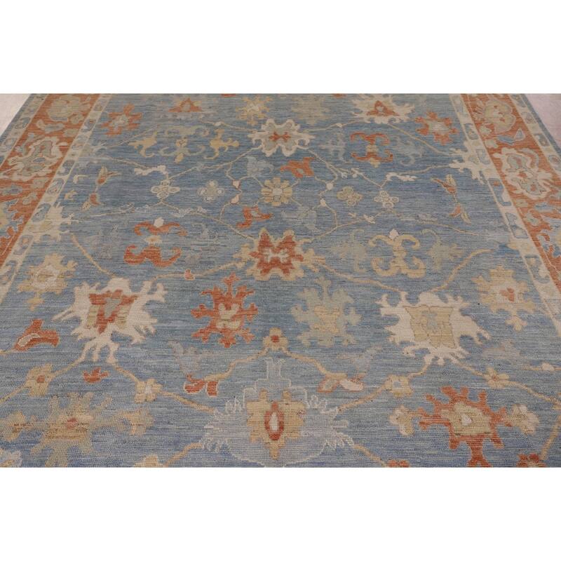 Floral Oushak Vegetable Dye Area Rug Handmade Blue Wool Carpet - 8'0" x 9'11"