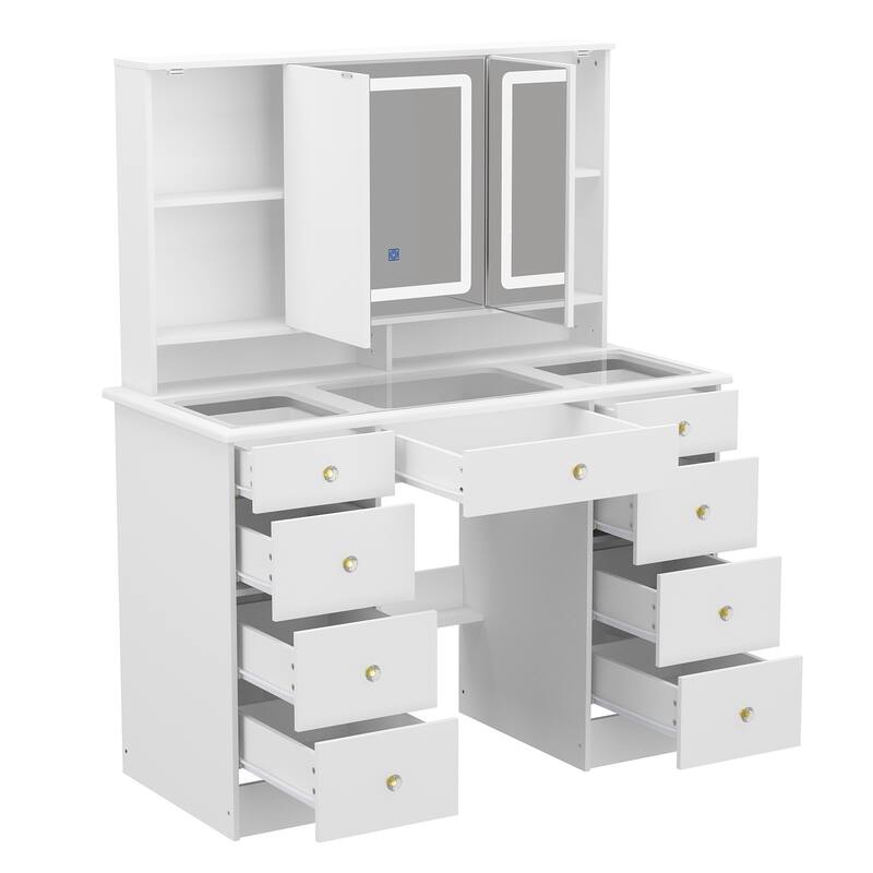 43.3"W 9 Drawers Makeup Vanity with Lights 3 Colors & Mirrors,White - 53.9"H