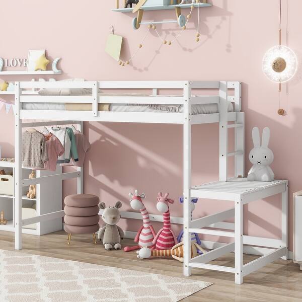 slide 2 of 11, White Twin Size Pine Wood High Loft Bed with Ladder White