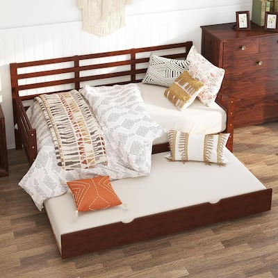 Twin Daybed with Trundle & Guardrails - Brown Pine Wood Bed Frame, 350lbs Capacity, Space-Saving for Guest/Kids Room