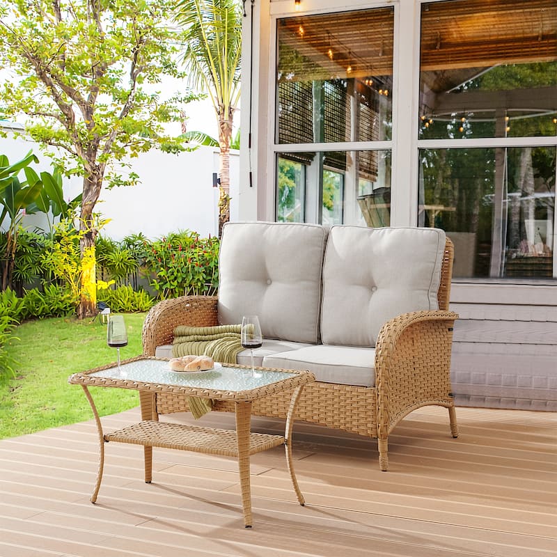 Pocassy 2-Piece Outdoor Sofa Couch with Coffee Table Set - Yellow - Beige