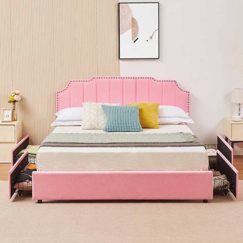 Javlergo Bed Frames with Storage Drawers Upholstered Bed with Tufted Headboard Princess Platform Bed with Wooden Slats Support