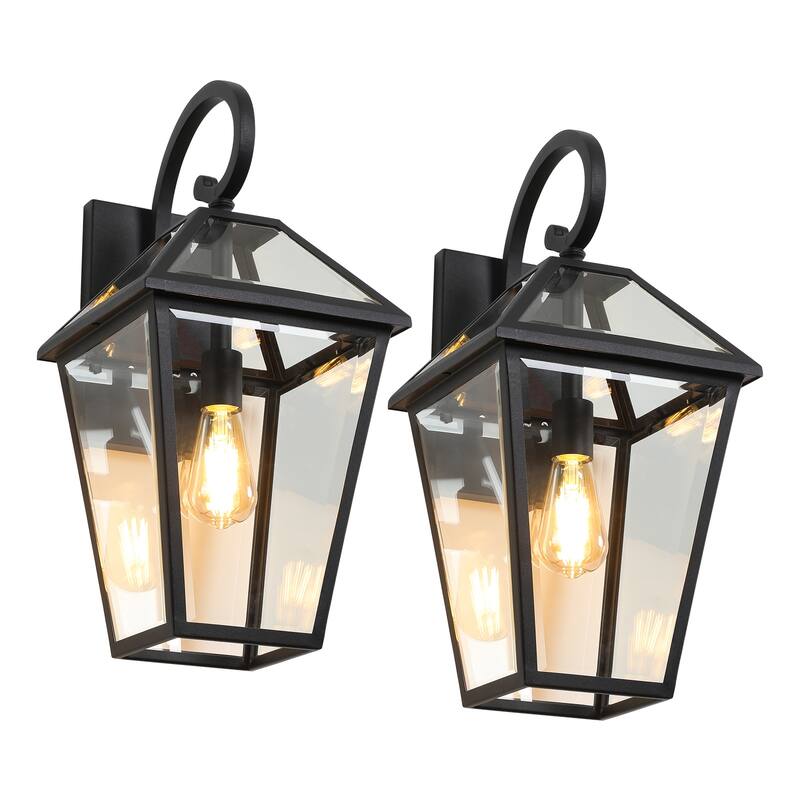 21"(H) 2-Pack Outdoor Wall Lantern Light - Modern Black Metal & Clear Glass Sconce for Porch, Patio(Bulb Not Included)