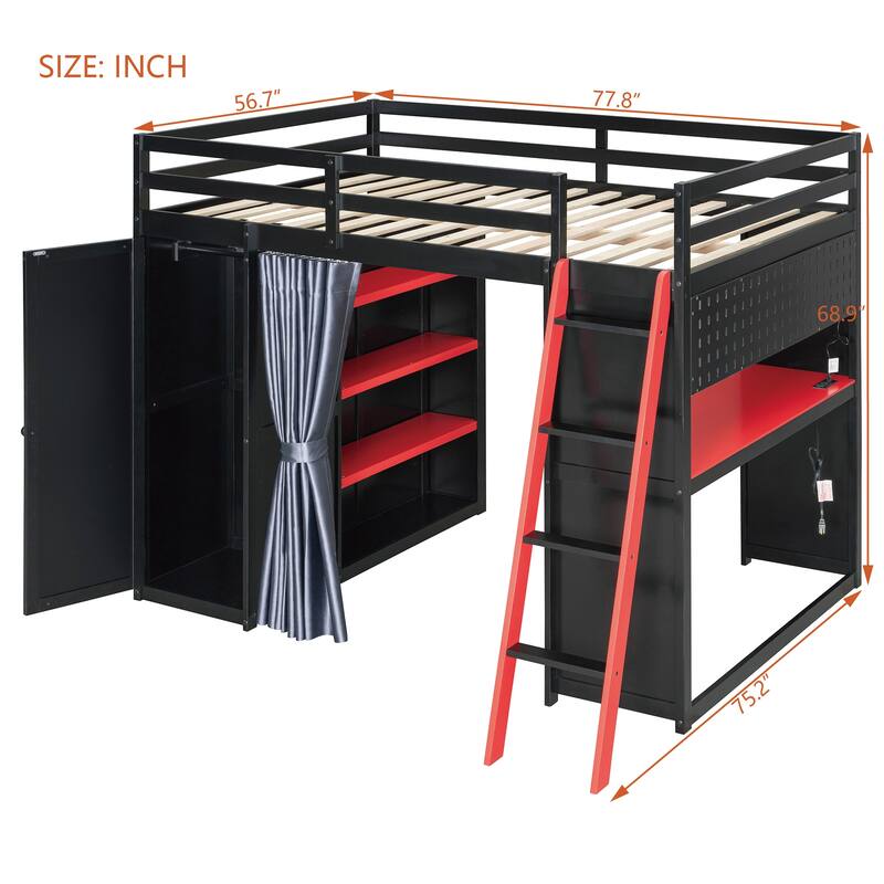 Full Size Wood High Loft Bed, All-in-One Loft Bed Frame with Wardrobe, Shelves, Desk, Charging Station, Curtains and RGB Lights