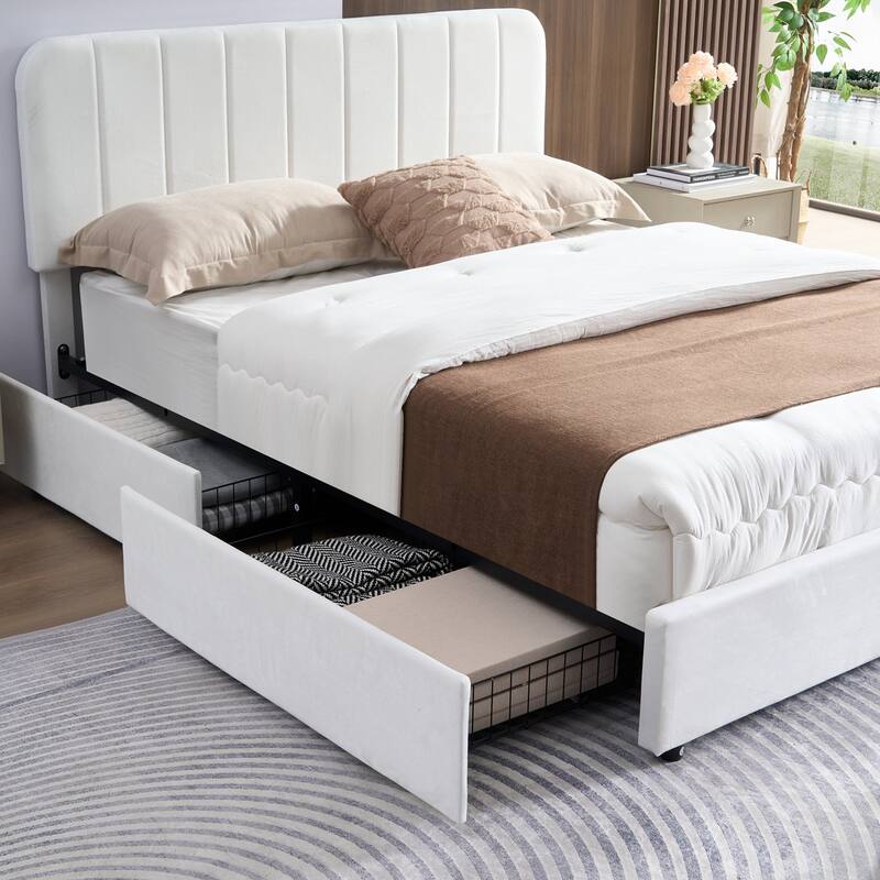 White Upholstered Platform Bed Frame with 4 Storage Drawers, Adjustable Velvet Rivets Headboard