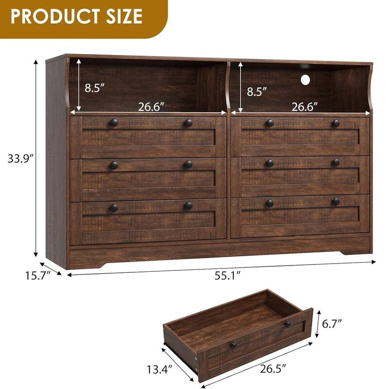 Modern 6 Drawer Dresser for Bedroom with Power Outlet and LED Light