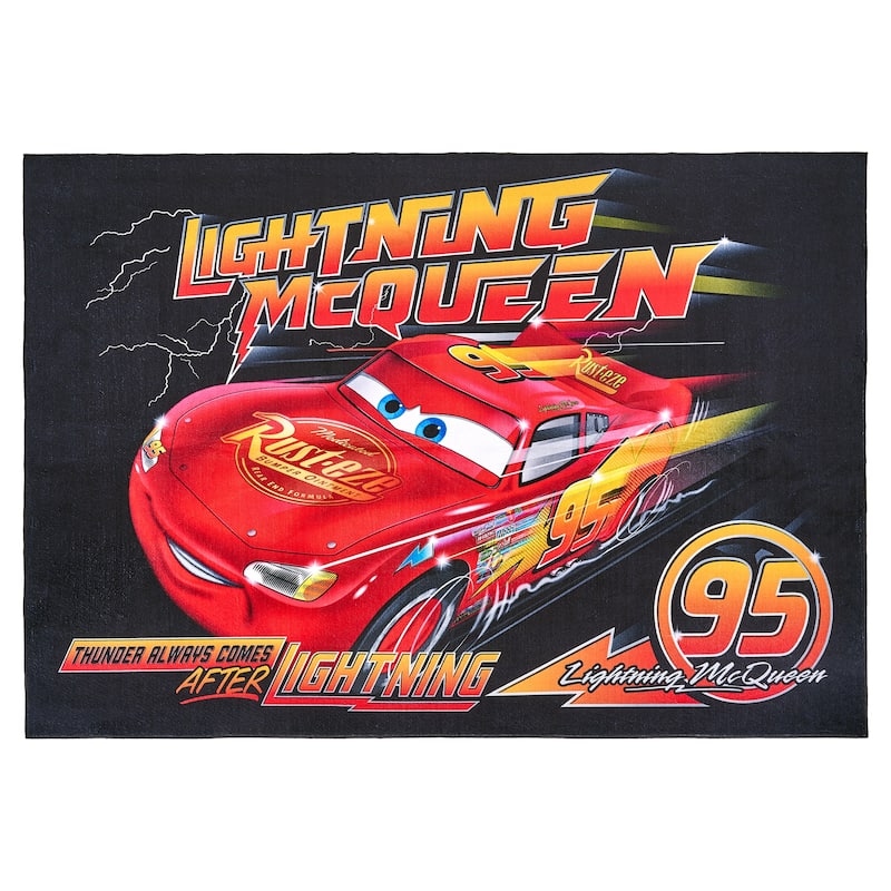 Licensed Disney Pixar Cars Lightening McQueen Modern Character Printed Flannel Non-Slip Washable Indoor Kids Area Rug, 54"x78"