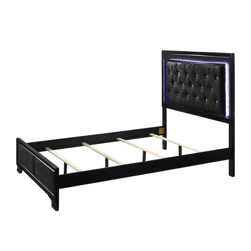 Full Size Upholstered Panel Bed with Crystal-Inlaid Headboard and Diamond Tufting
