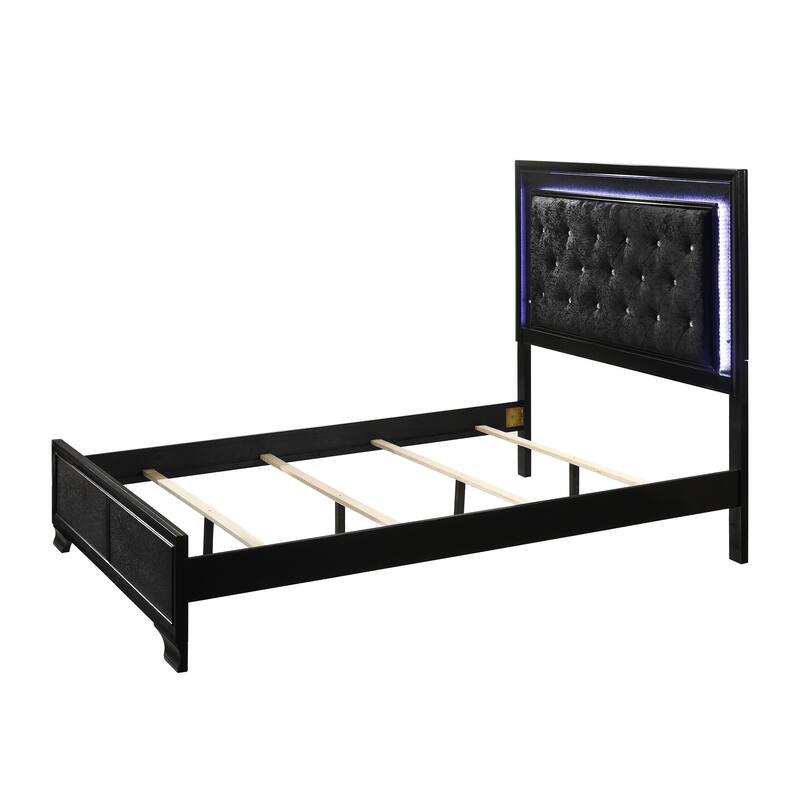 Queen Size LED Panel Bed with Black Finish and Upholstered Headboard