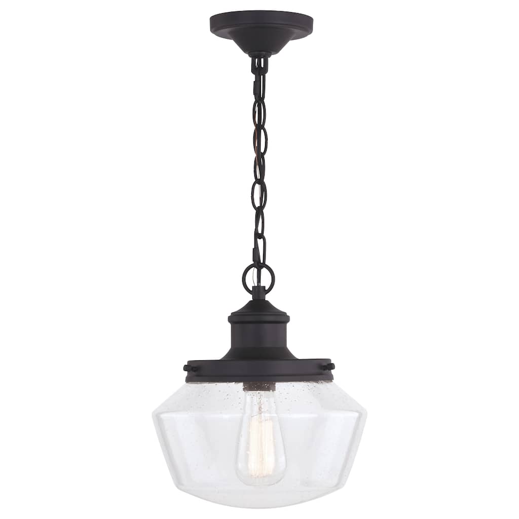 Collins 1 Light Black Farmhouse Outdoor Pendant Clear Schoolhouse Glass - 10-in. W x 11.5-in. H x 10-in. D